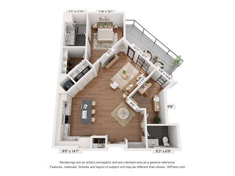 Floor plan for 1 bed, 1 bath, 1093 sqft